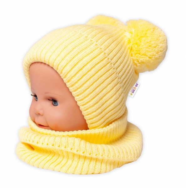 BABY NELLYS Zimní pletená čepice + nákrčník - žlutá s bambulkami Velikost koj. oblečení: 92-98 (18-36m)
