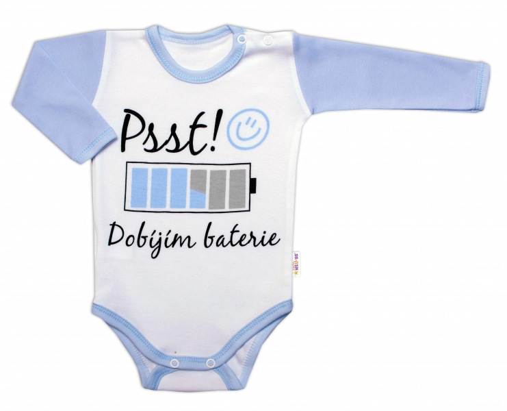 Body dlouhý rukáv s vtipným textem Baby Nellys, Psst! Dobíjím baterie, kluk Velikost koj. oblečení: 68 (3-6m)