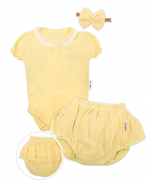 Baby Nellys 3-dílná mušelínová soupravička, body, kraťasky + čelenka GIRL, žlutá Velikost koj. oblečení: 56 (1-2m)