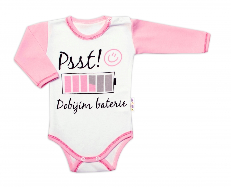 Body dlouhý rukáv s vtipným textem Baby Nellys, Psst! Dobíjím baterie, holka Velikost koj. oblečení: 80 (9-12m)