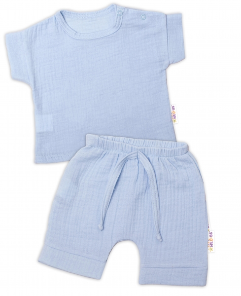 Baby Nellys 2-dílná mušelínová soupravička, tričko + kraťasky BOY, světle modrá Velikost koj. oblečení: 56 (1-2m)