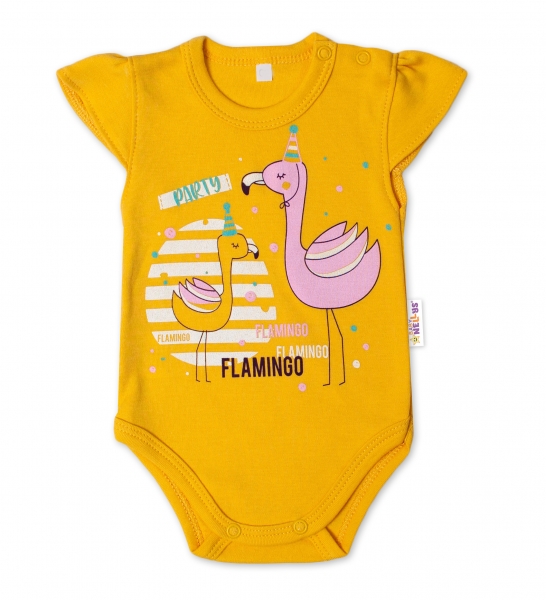 Baby Nellys Bavlněné kojenecké body, kr. rukáv, Flamingo - hořčicové Velikost koj. oblečení: 86 (12-18m)