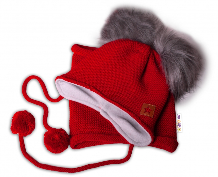 Zimní čepice s fleecem a chlupáčkové bambulky Star + komínek - červená, BABY NELLYS Velikost koj. oblečení: 98-104 (2-4r)