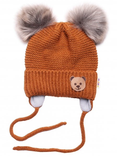 Dětská zimní čepice s fleecem Teddy Bear - chlupáčk. bambulky - hnědá, šedá, BABY NELLYS Velikost koj. oblečení: 56-68 (0-6 m)