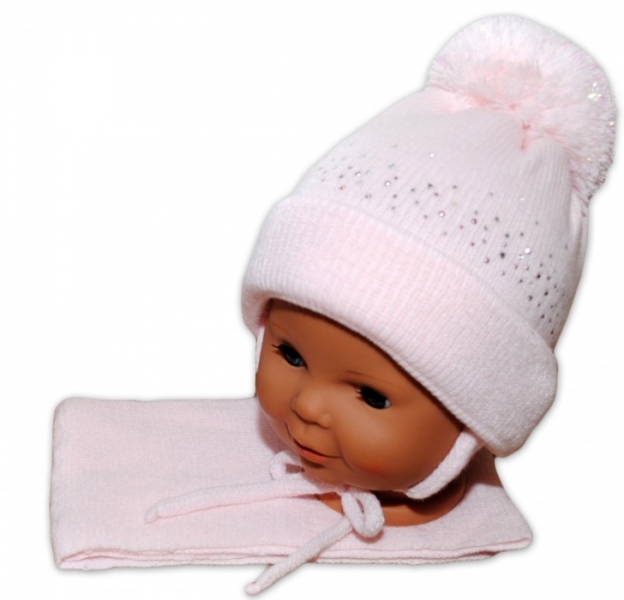 Baby Nellys Zimní čepička s bambulí a šálou - sv. růžová s kamínky Velikost koj. oblečení: 68-86 (6-18m)