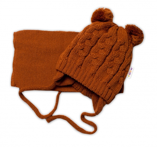 Zimní pletená kojenecká čepička s šálou TEDDY - hnědá s bambulkami, vel. 62/68 Velikost koj. oblečení: 62-68 (3-6m)