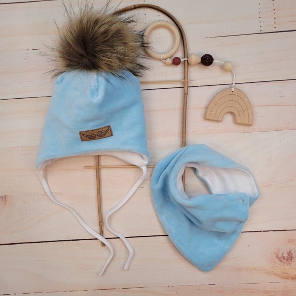 Zimní dvouvrstvá čepice na zavazování s bambulí z kožešinky + šátek Z&amp;Z, modrá Velikost koj. oblečení: 68-74 (6-9m)