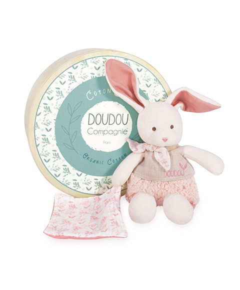 Doudou Dárková sada - Plyšový Ecru králiček s růžovou dečkou z BIO bavlny 22 cm