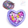 WOODY DŘEVO Korálky navlékací fialové set s barevnými tkaničkami v srdíčku