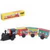 Vlak kovový 28cm natahovací na klíček mašinka + 3 vagony v krabici