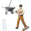 BRUDER 62130 Figurka komunální pracovník 11cm set s kolečky a nářadím plast