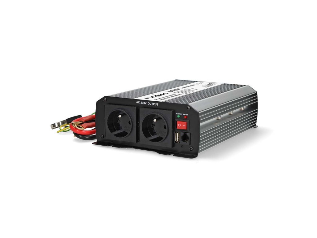 Měnič Modifikovaná sinusoida | Vstupní napětí: 24 V DC | Výstupní napájecí konektor(y): Type E (CEE 7/5) / USB-A | 230 V AC 50 Hz | 1000 W | Špičkový výstupní výkon: 2000 W | Svorkovnice | Stříbrná
