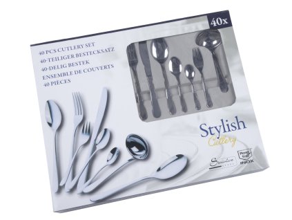 Stylish Cutlery sada lesklých nerezových příborů 40ks (12x vidlička, 6x jídelní nůž, 12x lžíce, 6x lžička, 1x naběračka a 3x servírovací lžíce)