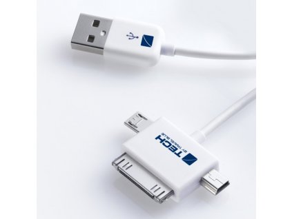 TECH napájecí a datový kabel USB 2.0 A - Apple konektor, micro a mini USB konektory, bílý, 1m