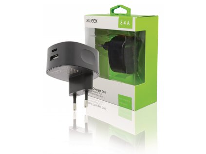 Duální napájecí adaptér 3.4 A USB + USB-C černý CH-002BL