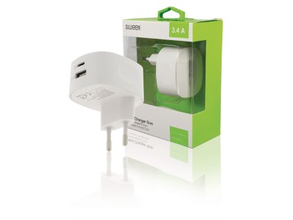 Duální napájecí adaptér 3.4 A USB + USB-C bílý CH-002WH