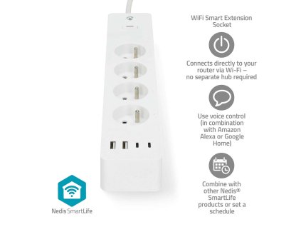 SmartLife Prodlužovací Přívod | Wi-Fi | Francie / Typ E (CEE 7/6) / USB A / USB-C ™ | 16 A | 3680 W | 2.00 m | 0 - 55 °C | Android™ / IOS | Bílá