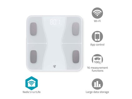 Nedis SmartLife chytrá osobní váha, Bluetooth, BMI / BMR, tuk, voda, kosti, svaly, 180 kg max., tvrzené sklo (BTHPS11WT)