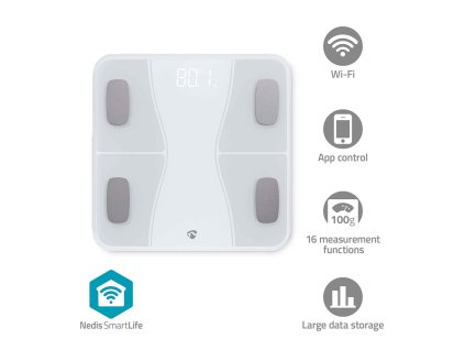 Nedis SmartLife chytrá osobní váha, Bluetooth, BMI / BMR, tuk, voda, kosti, svaly, 180 kg max., tvrzené sklo (BTHPS11WT)