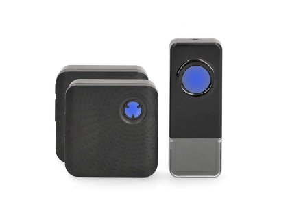 Bezdrátový Zvonek | Síťové napájení | 100 - 240 V AC 50/60 Hz | 1x 23A 12V | Hlasitost: 110 dB | Dosah signálu: 150 m | IP55 | Nastavitelná hlasitost | 58 Melodií | 2 Přijímače | Černá