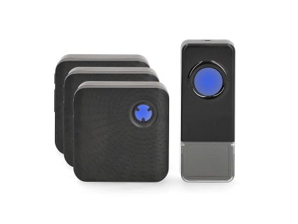 Bezdrátový Zvonek | Síťové napájení | 100 - 240 V AC 50/60 Hz | 1x 23A 12V | Hlasitost: 110 dB | Dosah signálu: 150 m | IP55 | Nastavitelná hlasitost | 58 Melodií | 3 Přijímače | Černá