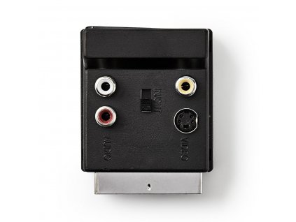 Přepínatelný Nedis přepínatelný průchozí adaptér zástrčka SCART - zásuvka SCART + S-Video + 3x CINCH, černá (CVGP31903BK)