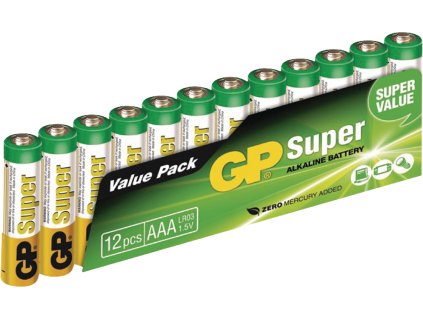 Alkalická baterie GP Super Alkaline AAA 1.5V, 12ks, GP-ALK-AAA-12