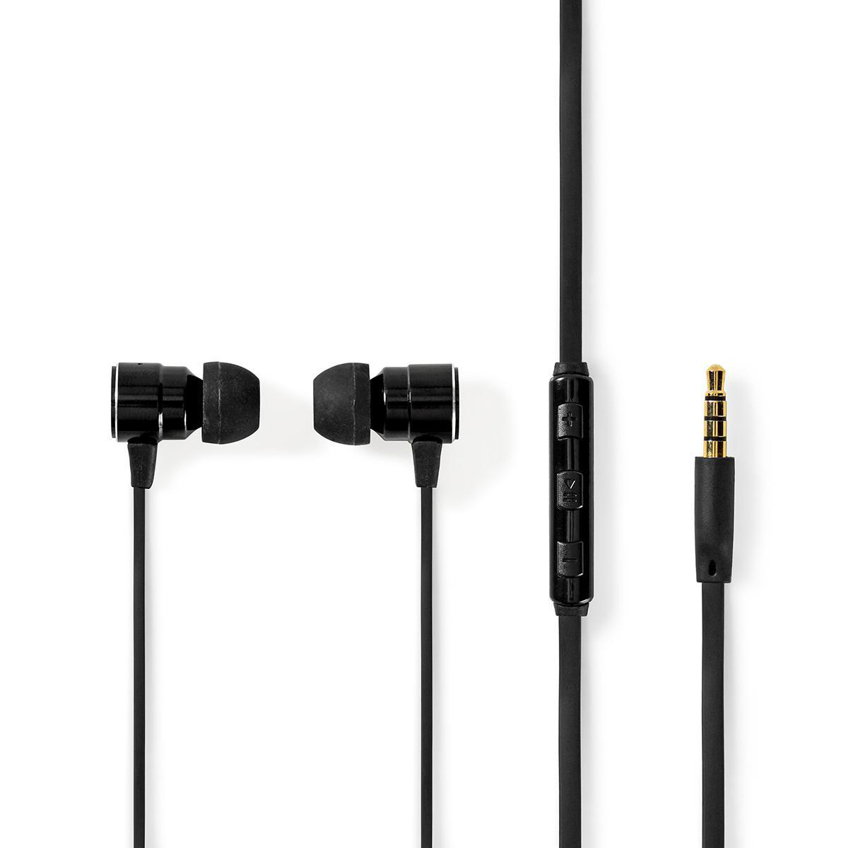 Nedis HPWD5020BK špuntová sluchátka do uší s mikrofonem, 102 dB, plochý kabel 1.2 m, hliník, černá