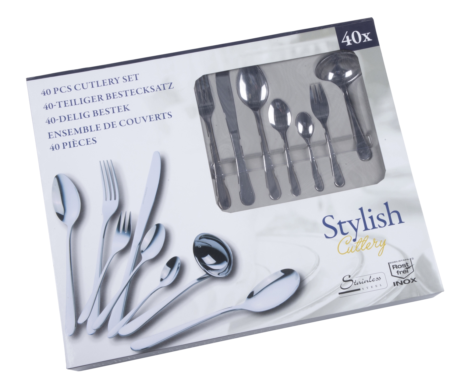 Stylish Cutlery sada lesklých nerezových příborů 40ks (12x vidlička, 6x jídelní nůž, 12x lžíce, 6x lžička, 1x naběračka a 3x servírovací lžíce)