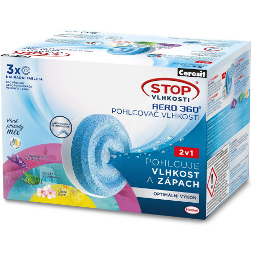 CERESIT STOP VLHKOSTI AERO 360° náhradní tablety triopack (levandule+kvítí+vodopád) 3x450g