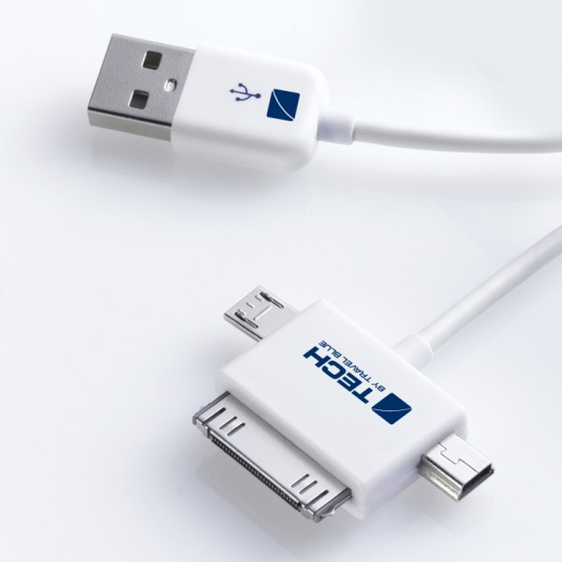 TECH napájecí a datový kabel USB 2.0 A - Apple konektor, micro a mini USB konektory, bílý, 1m
