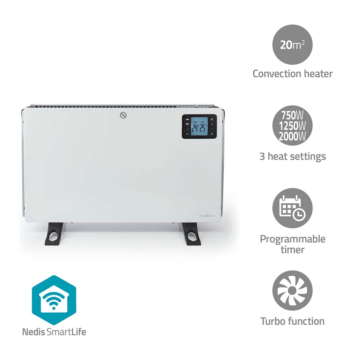 SmartLife Konvekční Horkovzdušný Ventilátor | Wi-Fi | 2000 W | 3 Nastavení Teploty | LCD | 5 - 37 °C | Nastavitelný termostat | Bílá
