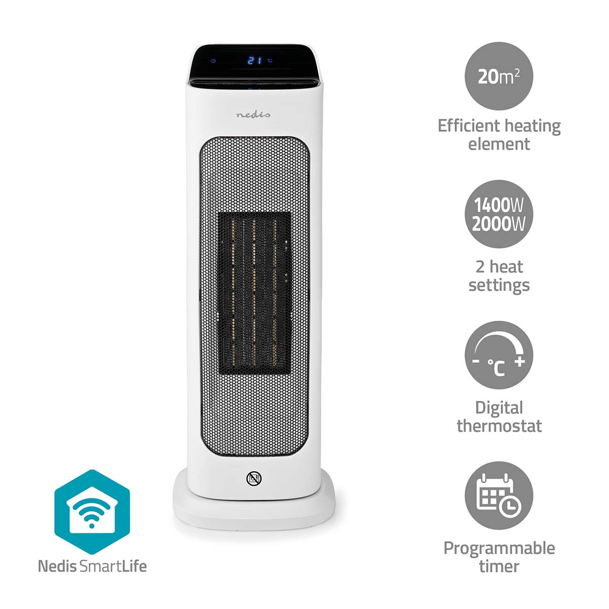 SmartLife Ceramic PTC Fan Heater | Wi-Fi | 2000 W | 2 Nastavení Teploty | Rotace | Displej | 10 - 49 °C | Android™ / IOS | Bílá