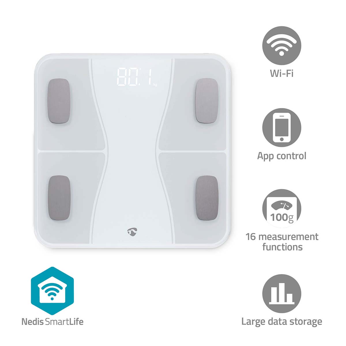 Nedis SmartLife chytrá osobní váha, Bluetooth, BMI / BMR, tuk, voda, kosti, svaly, 180 kg max., tvrzené sklo (BTHPS11WT)