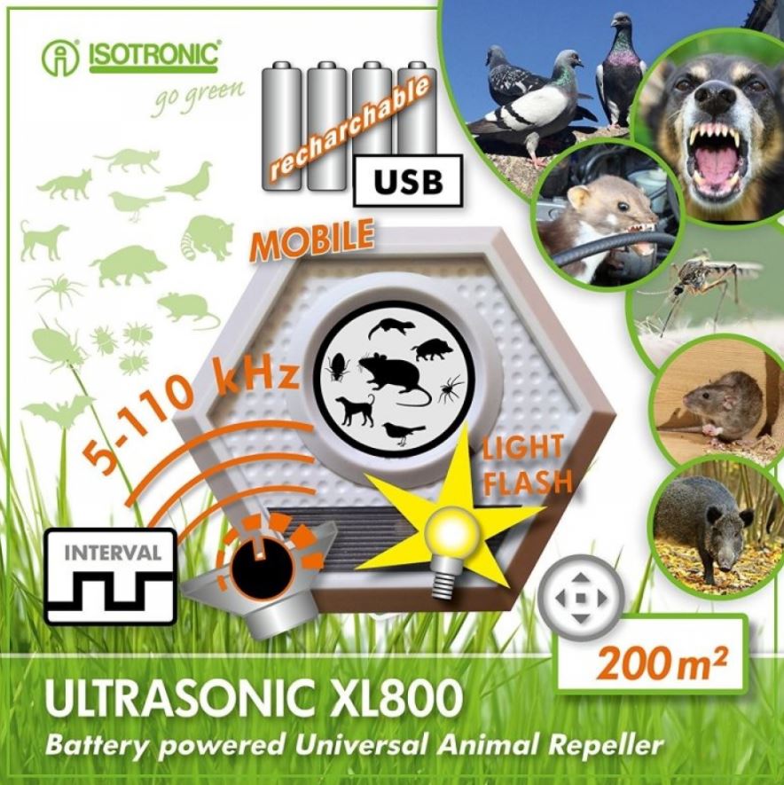ULTRASONIC XL800 ultrazvukový odpuzovač psů, koček, hlodavců, hmyzu 5 - 110 kHz, Isoronic 62500