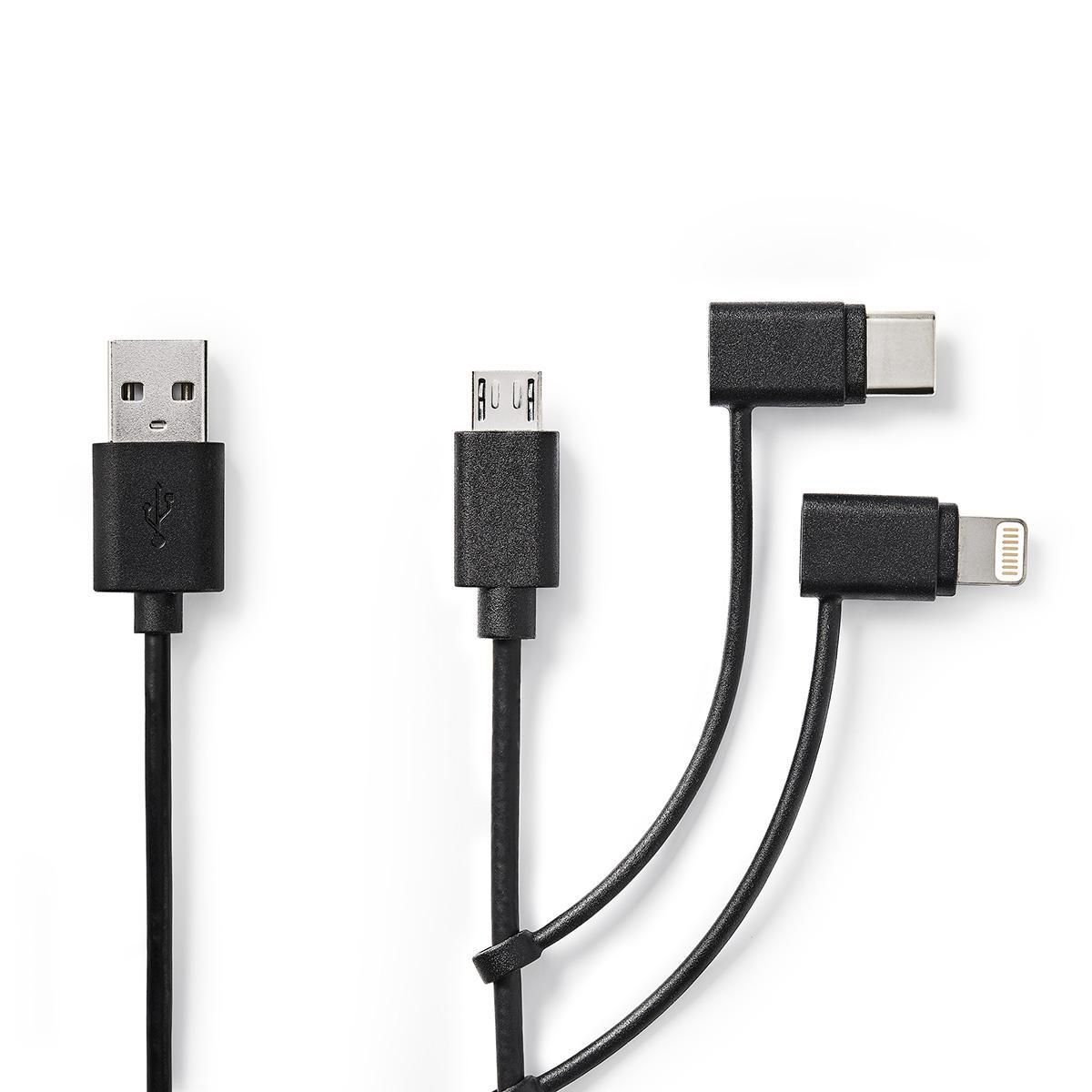 Nedis synchronizační a nabíjecí kabel 3 v 1, zástrčka USB A - zástrčka Micro B + USB-C + zástrčka Apple Lightning 8-pin, 1 m, černá (CCGP60620BK10)