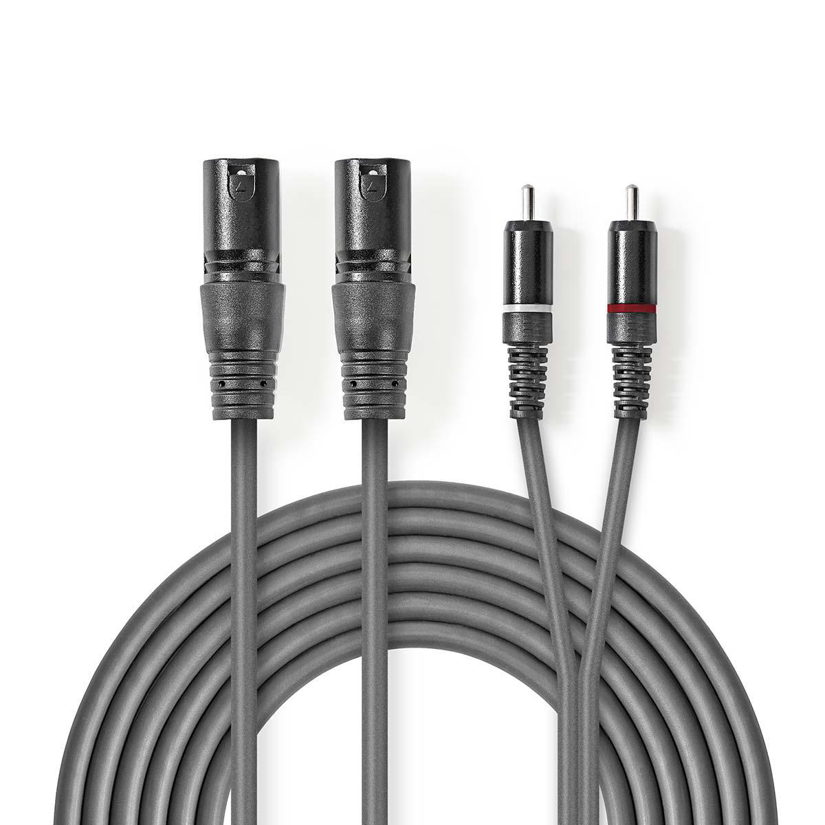 Nedis symetrický stereo audio kabel 2x XLR 3pin zástrčka - 2x CINCH zástrčka, 1.5 m (COTH15210GY15)