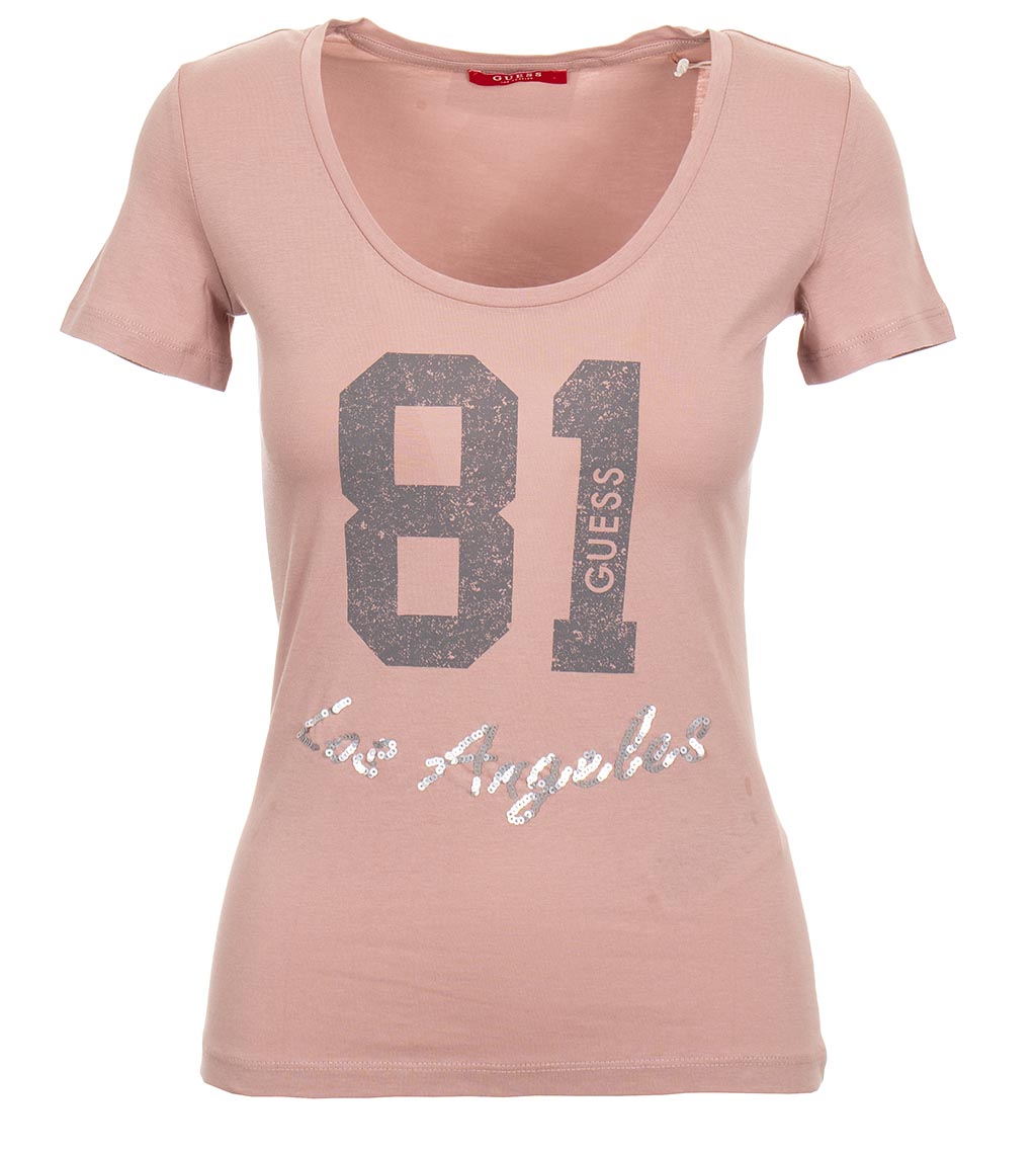 Guess dámské růžové tričko s flitry Velikost: XS