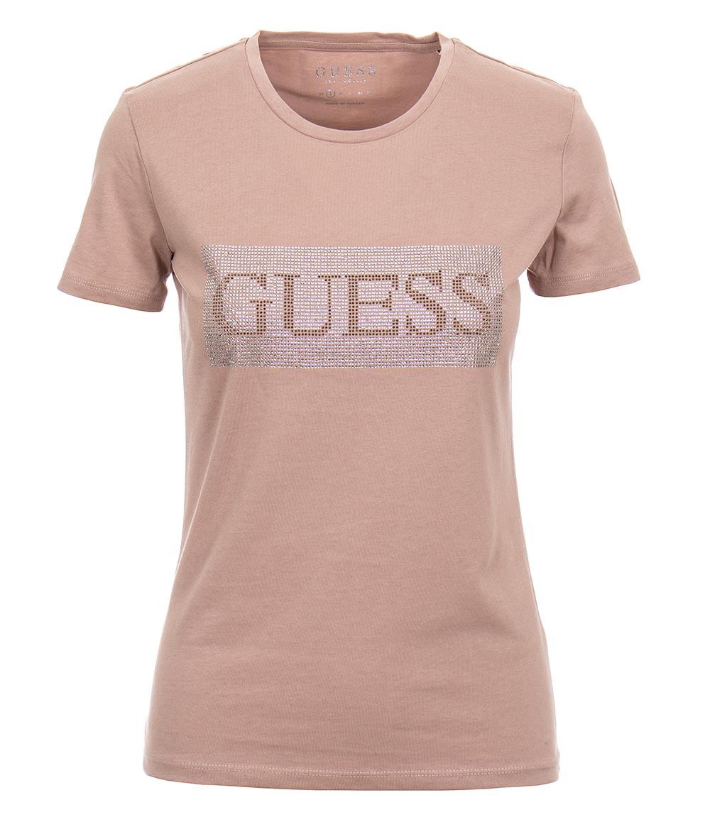 Guess dámské pudrově růžové tričko s kamínky Velikost: M