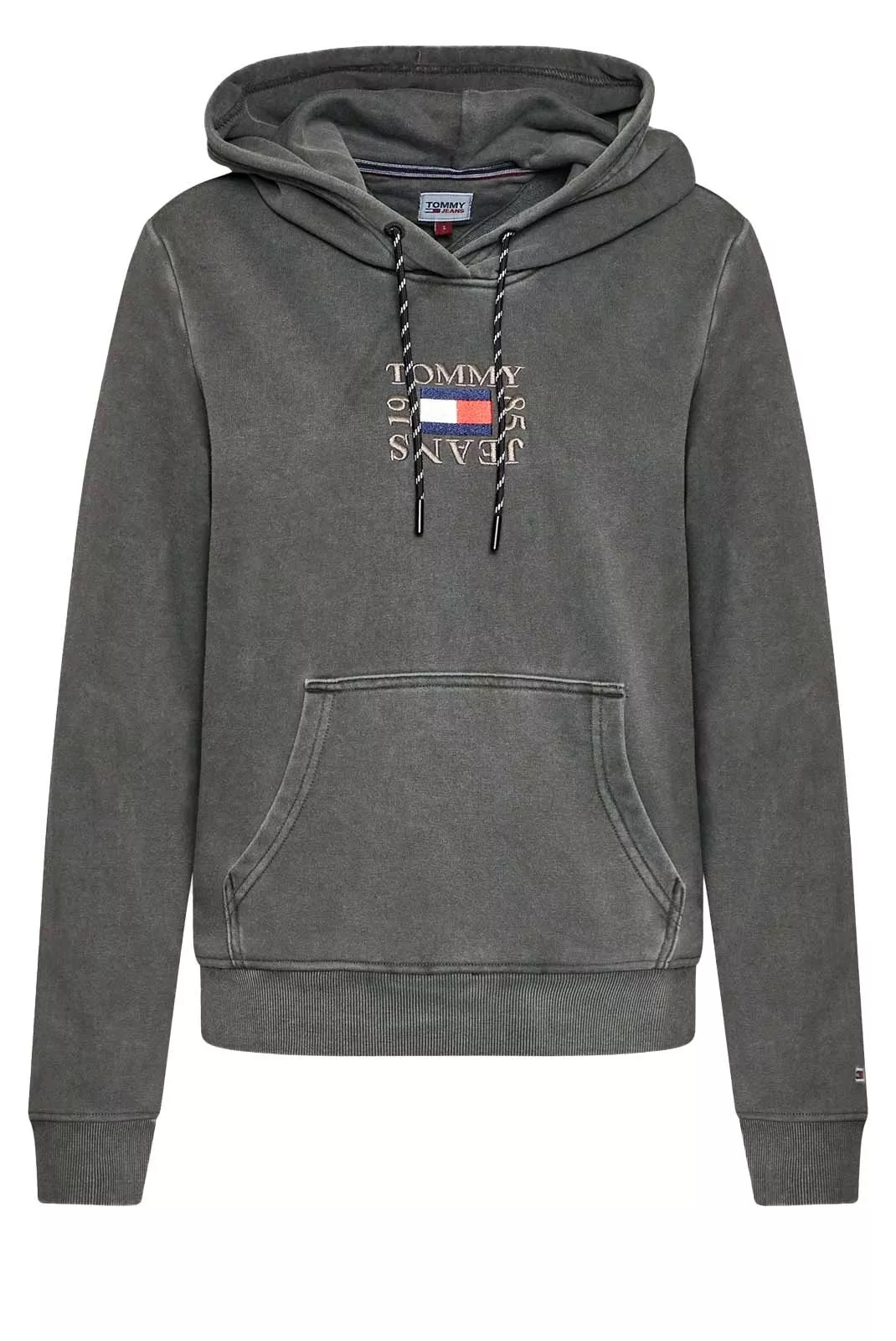 Tommy Jeans dámská mikina s výšivkou šedá s kapucí Velikost: M