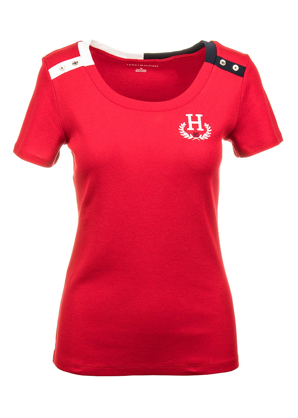 Tommy Hilfiger dámské tričko červené se zlatými knoflíky Velikost: S