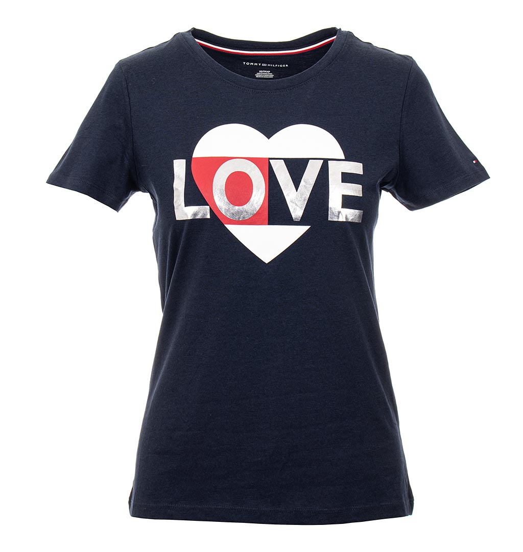Tommy Hilfiger dámské tričko tmavě modré s potiskem srdce Velikost: XS