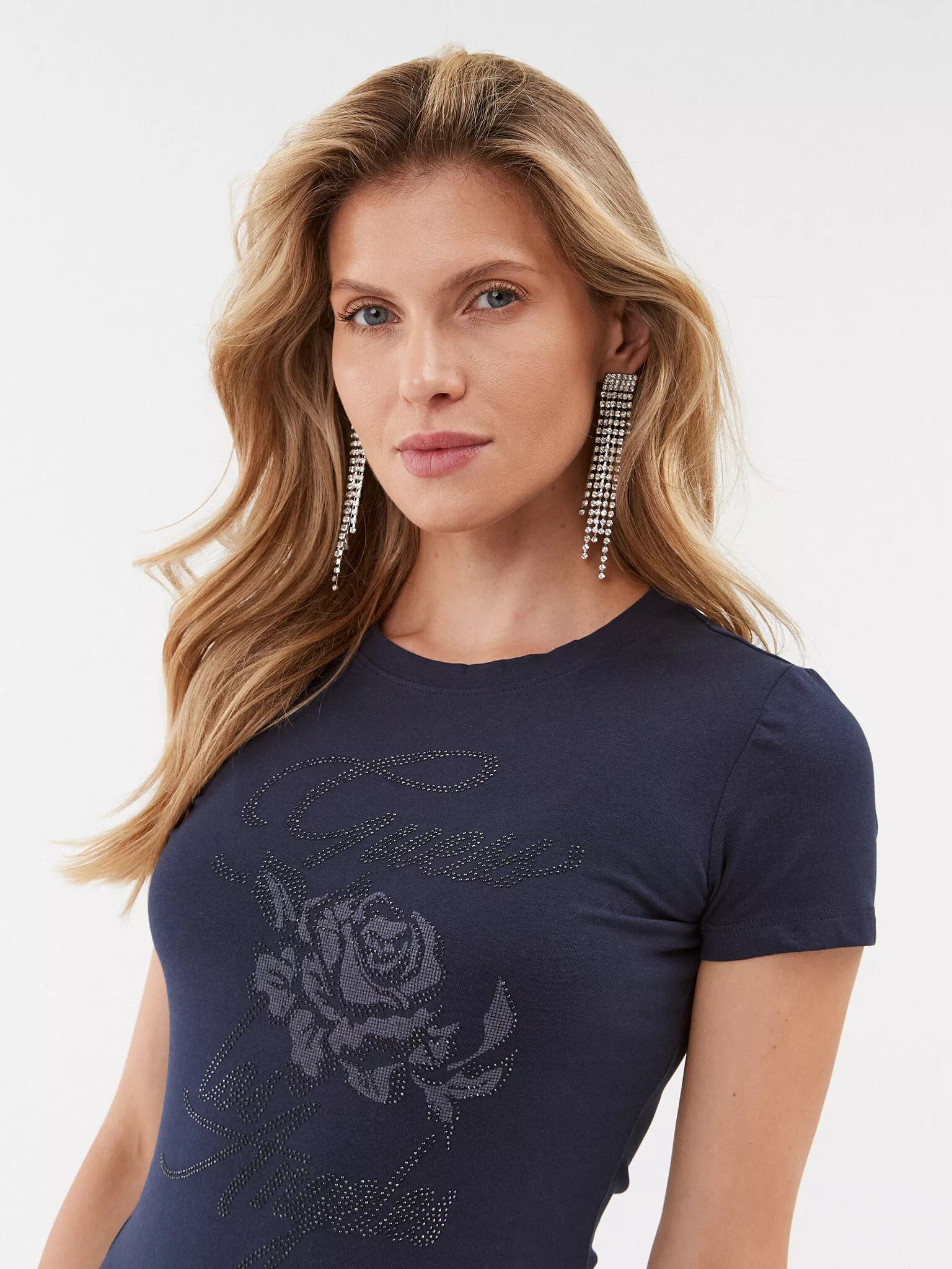 Guess dámské tričko Rose s kamínky modré Velikost: L