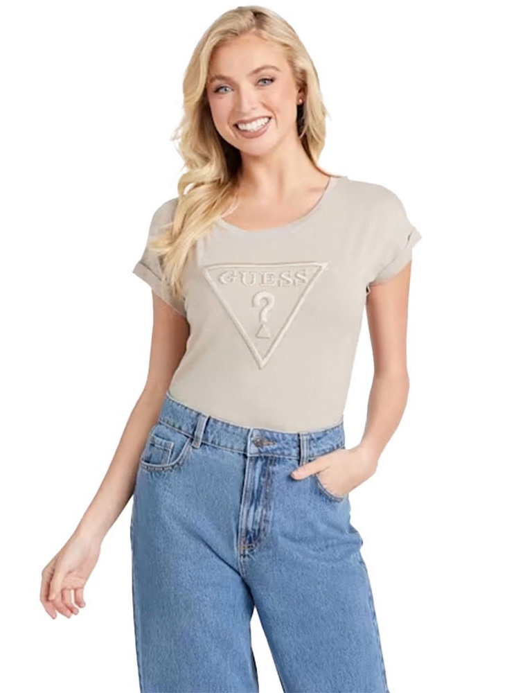 Guess dámské tričko Andra béžové s vyšívaným logem Velikost: XS