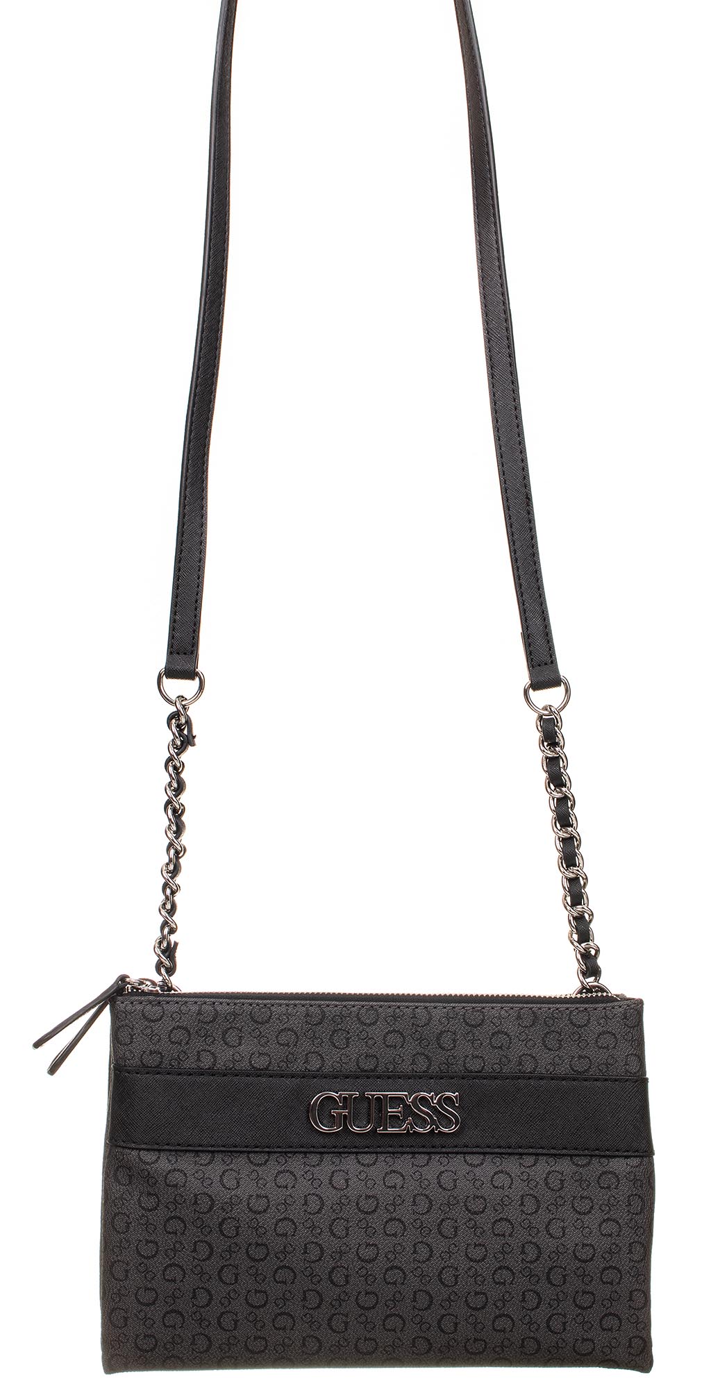 Guess dámská kabelka Ledger Crossbody tmavě šedá s monogramem