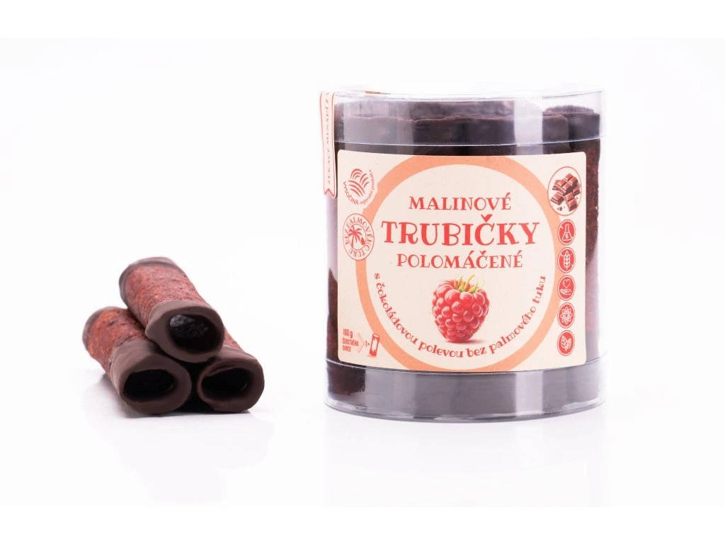Bioprodukt JT Malinové trubičky polomáčené s čokoládovou polevou 18 ks (220 g)