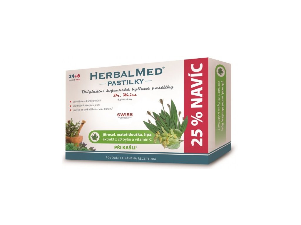 HerbalMed pastilky Dr. Weiss při kašli 24 pastilek + 6 pastilek ZDARMA