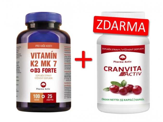 Pharma Activ Vitamín K2 MK7 + D3 FORTE 100 tbl. + 25 tbl. ZDARMA + Cranvita Activ 55 kapslí ZDARM