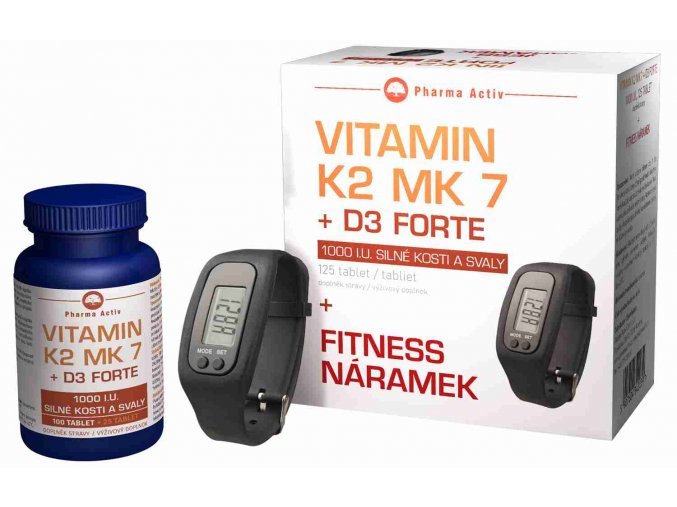 VITAMÍN K2 MK7 + D3 FORTE 100 TBL. + 25 TBL. ZDARMA + FITNESS NÁRAMEK S KROKOMĚREM ZDARMA