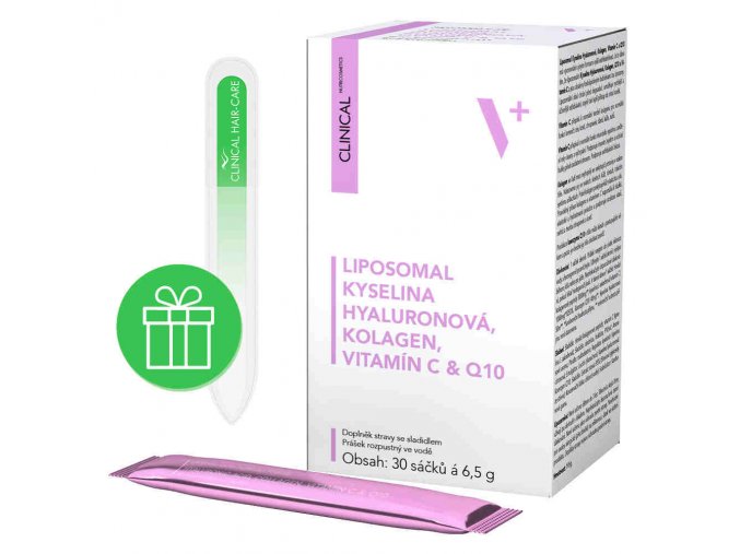 Liposomal Kyselina hyaluronová, Kolagen, Vitamín C & Q10 30 sáčků + dárek Skleněný pilník